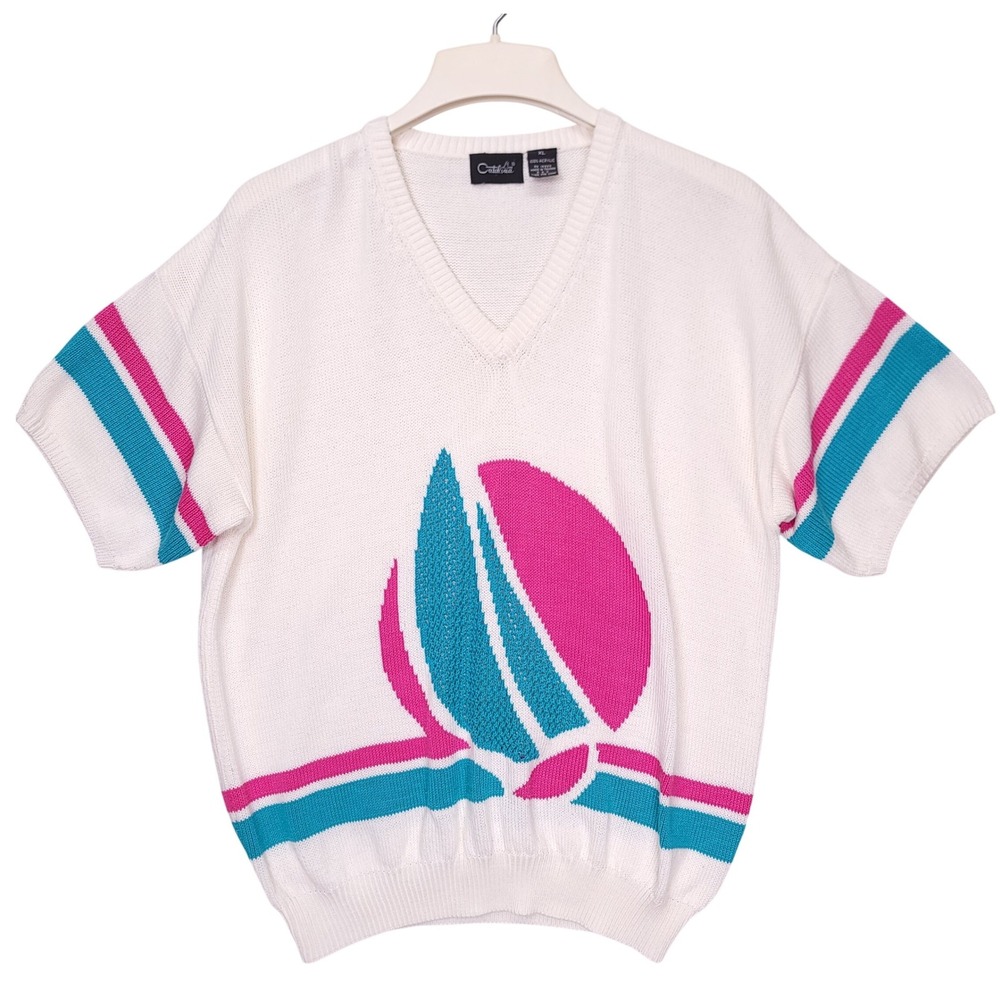 Vintage Catalina Sailboat Knit Sweater Womens XL White Pink Teal Retro 80s
